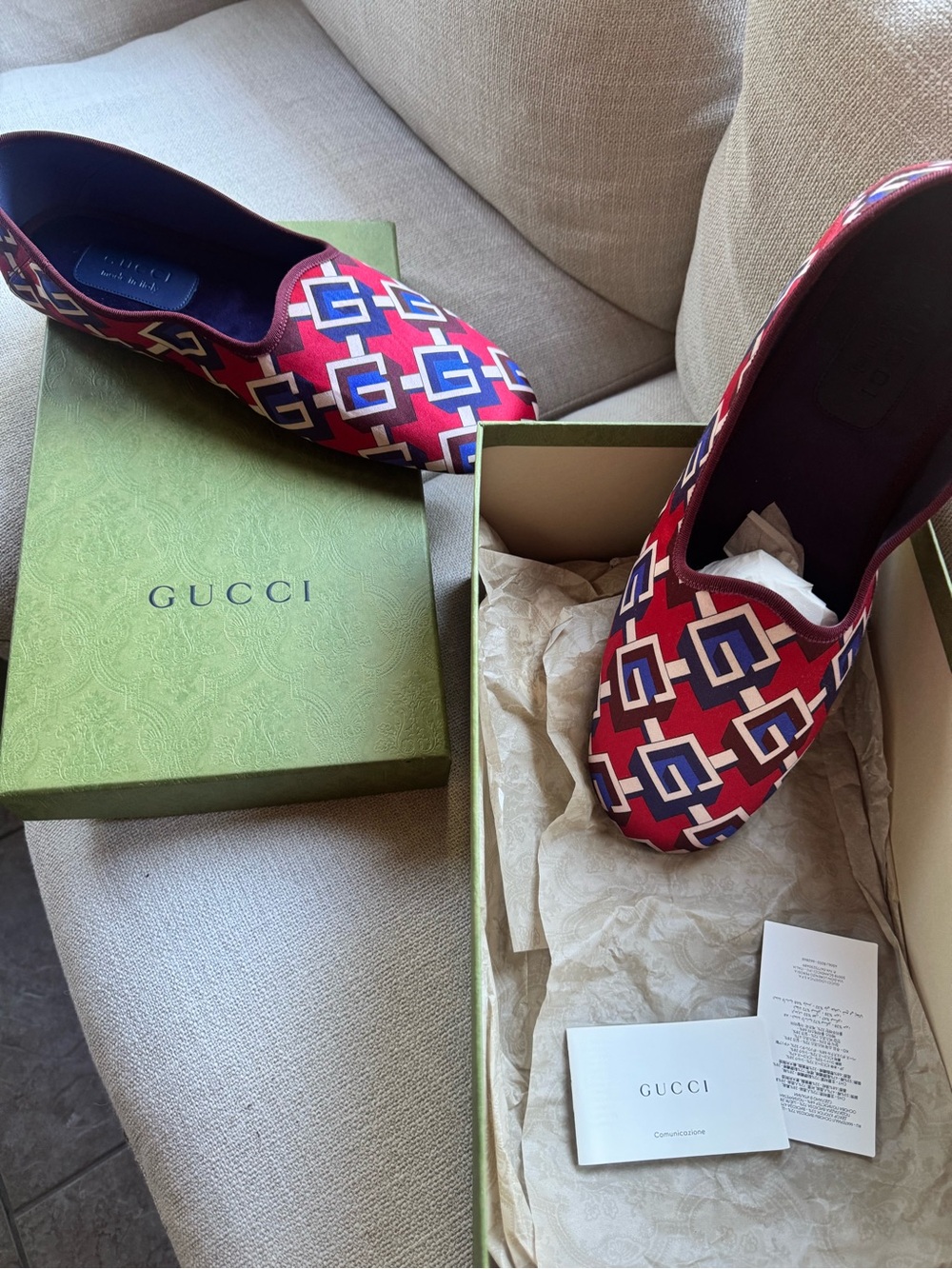 Gucci Red Geometric Canvas Slippers